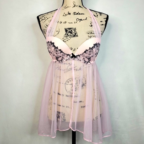 Victoria's Secret Flyaway Babydoll Slip Pink Floral Crystal Embellished 34C - Picture 2 of 6